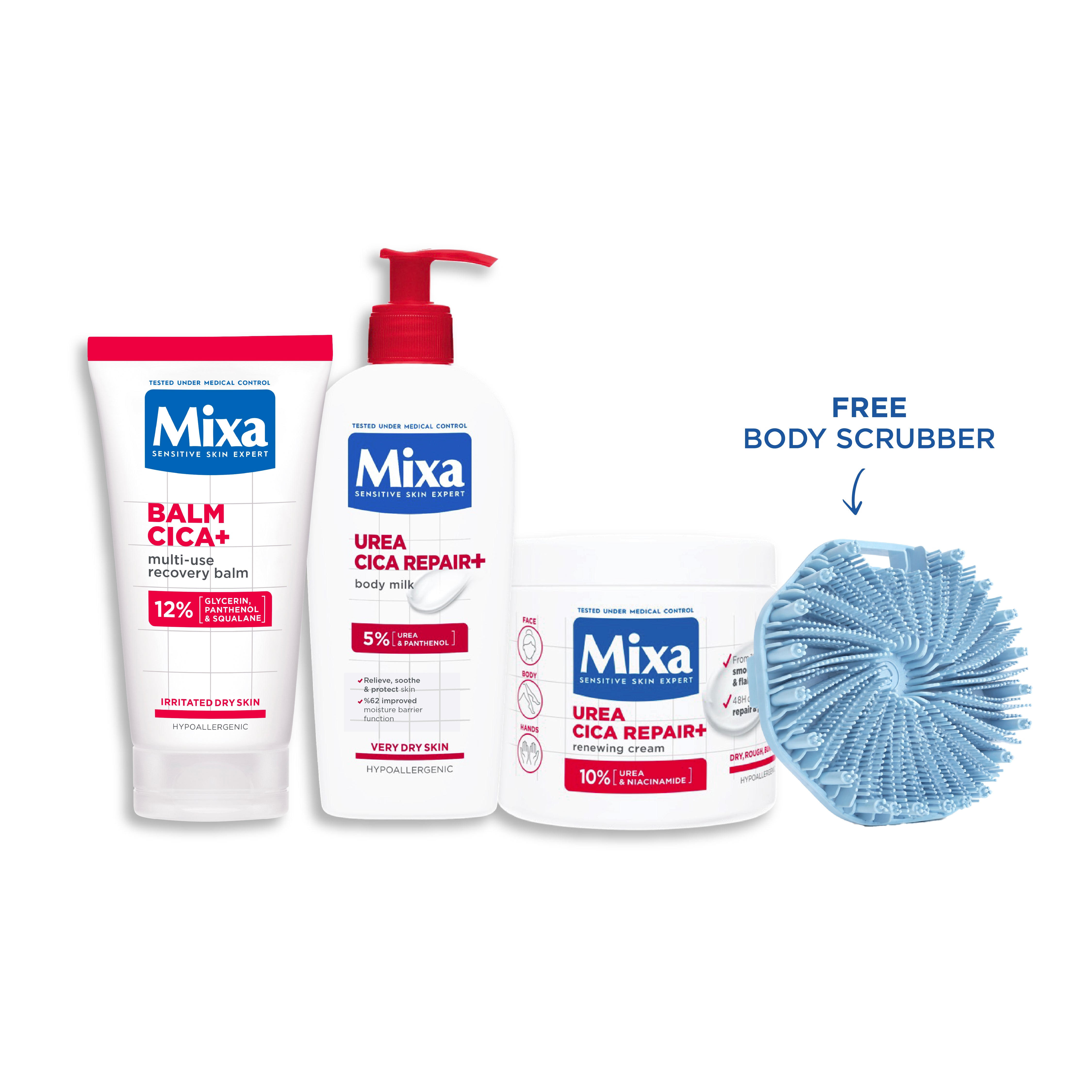 Mixa Cica Repair Complete Body Care Bundle - Cica Repair Body Milk 250mL + 50mL Cica+ Balm + 500mL Renewing Cream